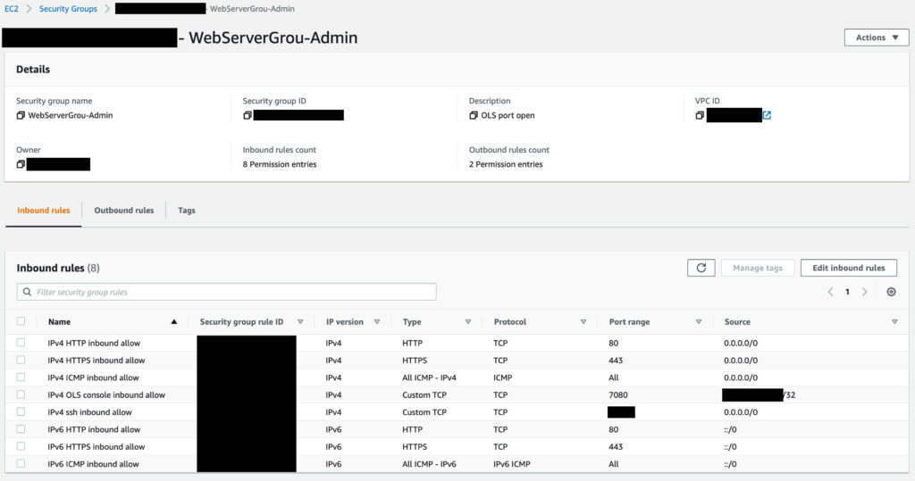 Screenshot of the AWS admin console showing network security group configuration