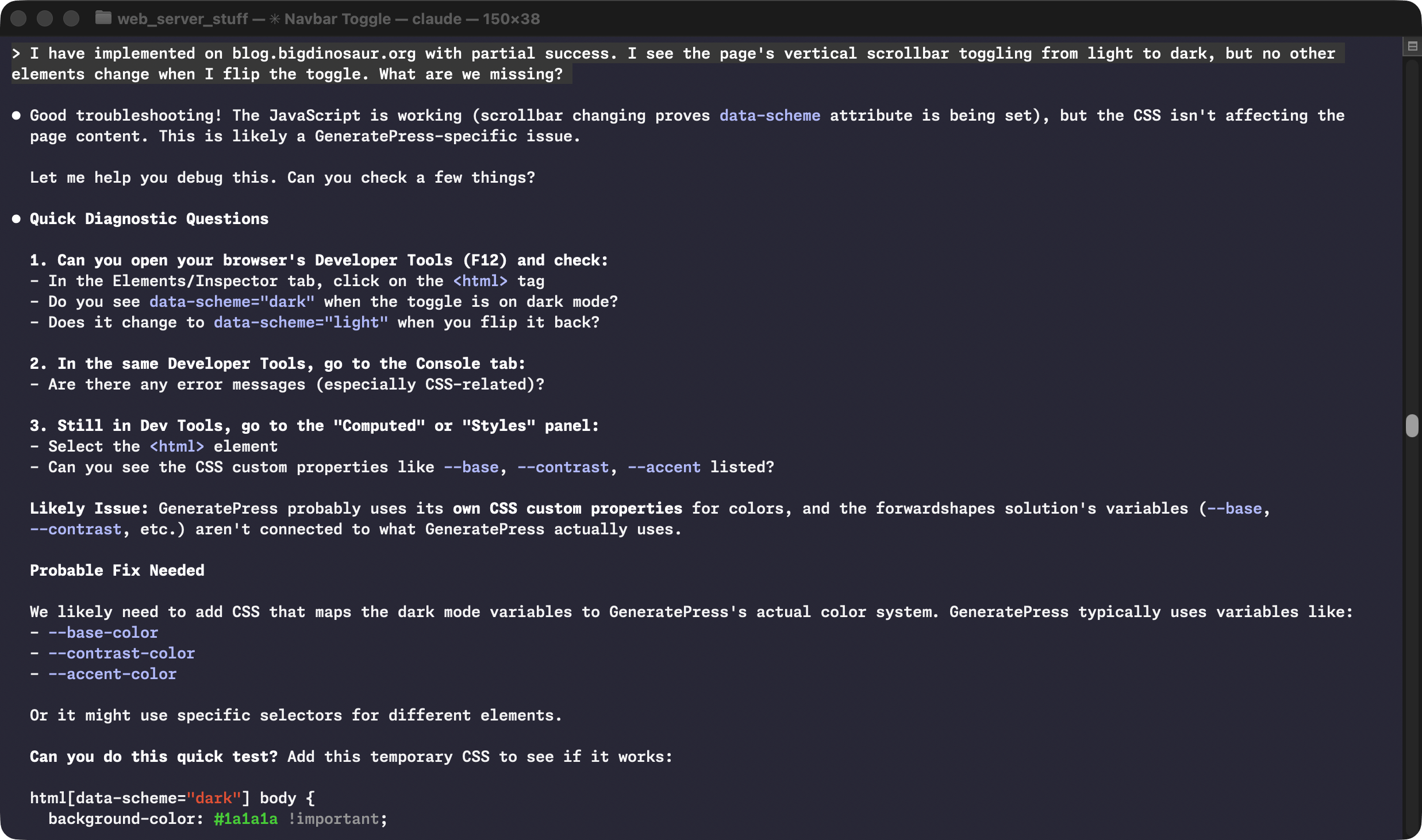 Screenshot of Claude Code in a terminal window trying to troubleshoot a problem